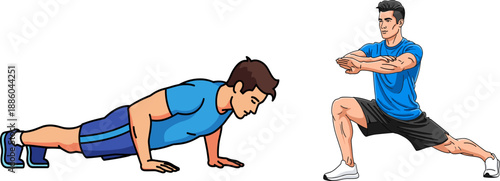 Fitness exercise illustration, push-up and lateral lunge, cartoon workout figures, strength and flexibility training, athletic clothing, home fitness, bodyweight exercise