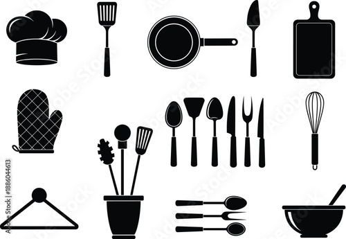 Comprehensive Kitchen Utensils Silhouette Collection. Chef Hat, Spatula, Frying Pan, Cutting Board, Oven Mitt, Whisk, Mixing Bowl, Culinary Tools Grid Artwork