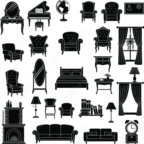 Interior Furniture and Home Decor Silhouette Collection. Vanity Table, Piano, Armchairs, Bed, Sofa, Bookshelf, Fireplace, Lamp, Window, Clock Artwork
