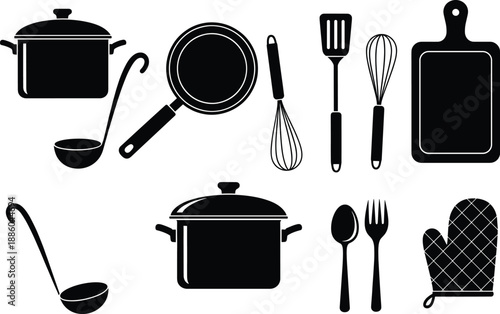 Kitchen Utensils Silhouette Collection. Cooking Pots, Frying Pan, Ladles, Whisks, Spatula, Cutting Board, Spoon, Fork, Oven Mitt Culinary Artwork