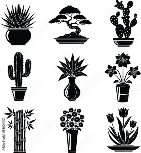 Potted plants and flowers silhouette icon set featuring cactus bonsai bamboo succulents floral houseplants minimalist illustration