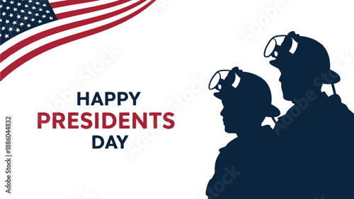 Silhouettes of two firefighters wearing helmets stand next to the text. Happy Presidents Day with a draped American flag above them.