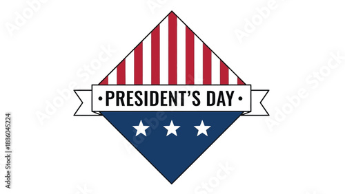 A stylized graphic badge featuring red and white stripes above three white stars on a blue field proclaims President's Day.