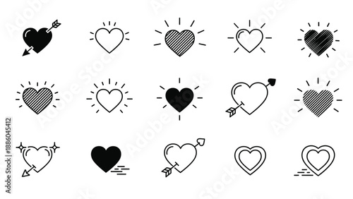 A collection of fifteen distinct heart icons featuring solid fills, outlines, and radiating light effects are displayed. 