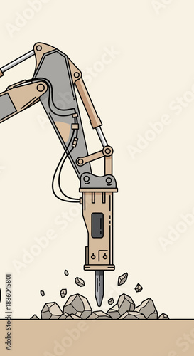 Heavy Duty Excavator Arm With Hydraulic Breaker Crushing Ground For Development Site