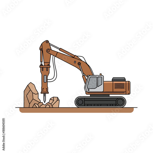 Heavy Duty Excavator Breaking Rocks On Construction Site With Powerful Hydraulic Hammer