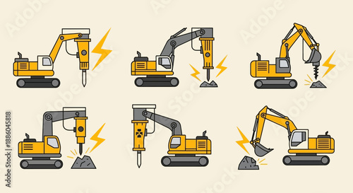 Heavy Duty Excavator And Jackhammer Set Flat Icon Collection Construction Equipment Vehicles