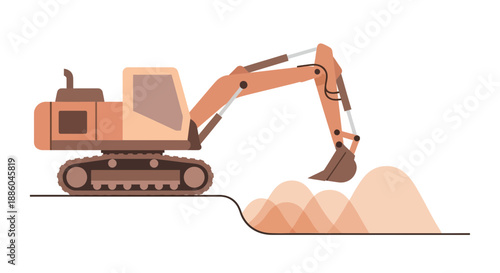 Heavy Duty Excavator Digging Earth At Construction Site Flat Illustration