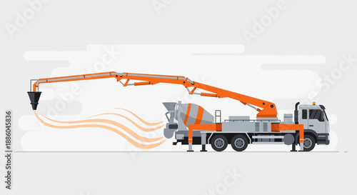 Heavy Duty Concrete Pump Truck Pours Fresh Cement Mix On Building Project Modern Flat Vector
