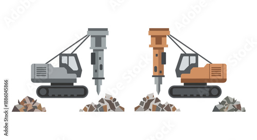 Heavy Duty Excavator Machines Breaking Ground And Demolishing Material On Construction Site Vector