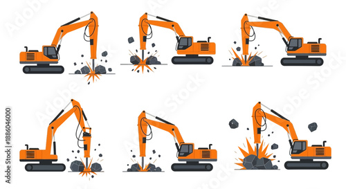 Heavy Duty Excavators With Hydraulic Breakers Crushing Rocks Illustration Set