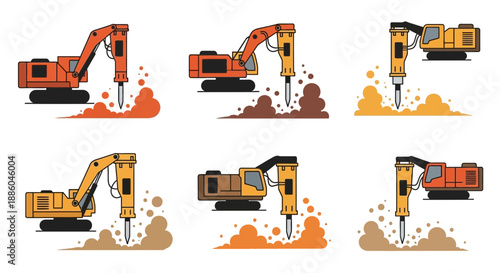 Heavy Duty Excavators With Hydraulic Breakers Engaging In Ground Demolition Work Construction