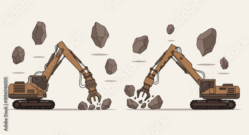 Heavy Duty Excavators With Hydraulic Breakers Shattering Rocks On Construction Site For Development