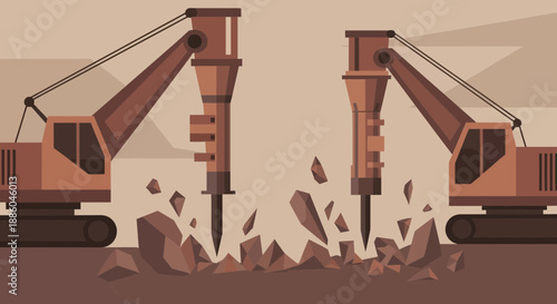 Heavy Duty Excavators With Hydraulic Hammers Crushing Hard Ground On A Construction Site Vector Art