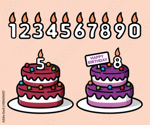 A colorful flat cartoon illustration of birthday number candles from 0 to 9 and cute layered birthday cakes with lit candles, perfect for celebration themes, party invitations, greeting cards.