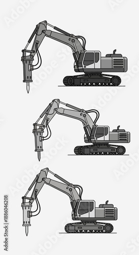 Heavy Duty Hydraulic Breaker Excavator Machines Vector Artwork Design Collection
