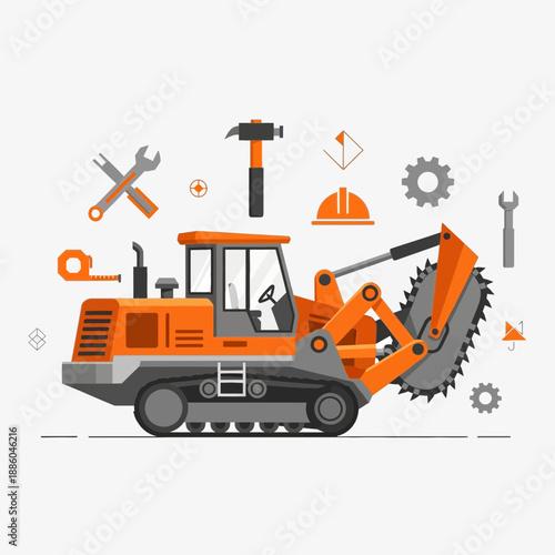Heavy Duty Construction Trencher Machine With Essential Building Tools And Equipment Illustration