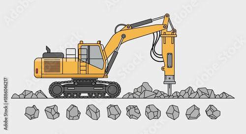 Heavy Duty Hydraulic Breaker Excavator Working On Demolition Site Flat Vector Illustration