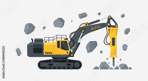 Heavy Duty Hydraulic Breaker Excavator Working On Site With Rocks Flat Vector Illustration
