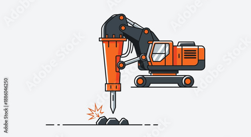 Heavy Duty Hydraulic Breaker Machine Demolishing Rocks On A Construction Site