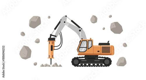 Heavy Duty Hydraulic Breaker Machine Demolishing Rocks On Construction Site With Powerful Impact