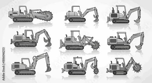Heavy Duty Construction Vehicles And Digging Machinery Vector Icon Set Ready For Your Industrial