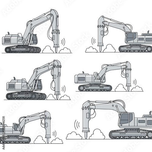 Heavy Duty Hydraulic Breakers Demolishing Concrete Surfaces On Construction Site Vector Art