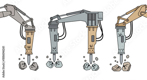Heavy Duty Hydraulic Breakers At Work Breaking Rocks On A Construction Site Vector Illustration
