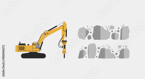 Heavy Duty Hydraulic Hammer Excavator Breaking Rocks Vector Illustration