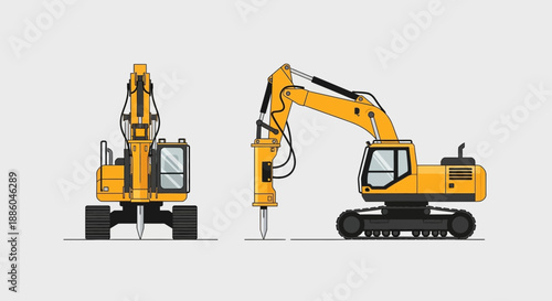 Heavy Duty Hydraulic Hammer Excavator Construction Machine Vector Illustration
