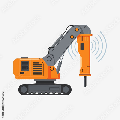 Heavy Duty Hydraulic Hammer Excavator Machine Operating On Infrastructure Project Site