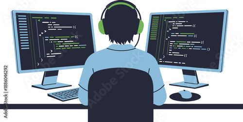 Programmer at dual monitor setup, coding session, green headphones, software development, syntax highlighting, tech workspace, indoor desk, cartoon illustration, digital workflow