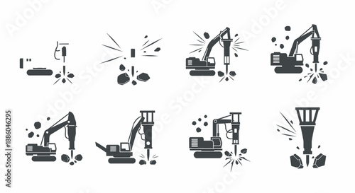 Heavy Duty Demolition Equipment Icons For Construction Site And Industrial Projects