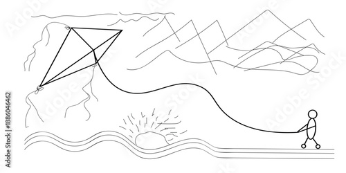 A person flying a kite near a body of water with mountains in the background