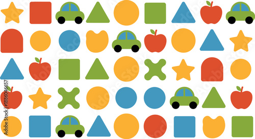 A colorful illustration of various shapes and objects for kids, including cars, apples, and geometric forms.