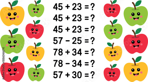 A colorful illustration of apples with various math problems written on a white background