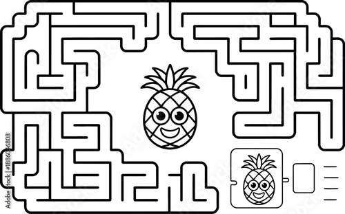 A black and white maze with a smiling cartoon pineapple character and a goal box.