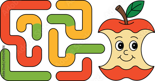 A cartoon apple with a maze on a white background
