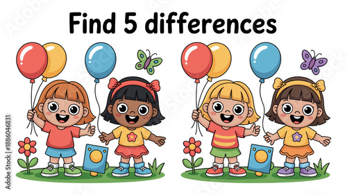 A colorful illustration of four cartoon girls holding balloons and finding differences