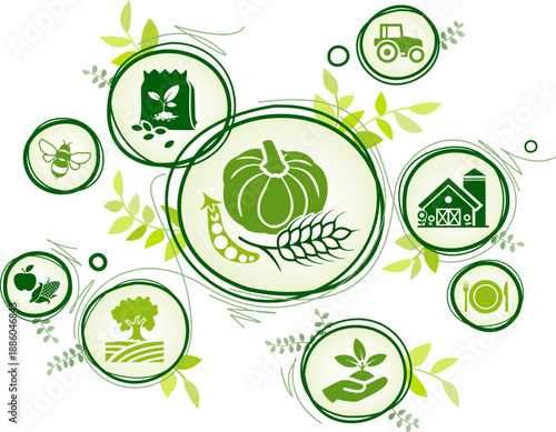 Farming vector illustration. Green concept with leafs & icons related to farming industry, agriculture / agronomy, cultivation of crops, harvesting rural farmland, gardening.