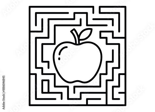 A simple black and white illustration of an apple in a maze