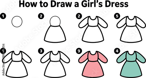 A step-by-step illustration guide on how to draw a girl's dress with various styles and colors.