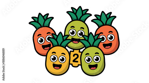 A colorful cartoon illustration of smiling fruits with a prize medal