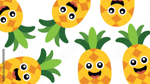 A playful pattern of cartoon pineapples with different facial expressions on a white background