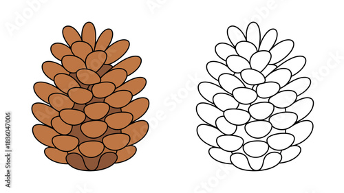 A colorful illustration of a pinecone with a black and white outline version