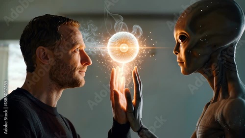 Alien humanoid transmitting advanced technology to human man through glowing energy sphere indoors, moment of contact between extraterrestrial intelligence and humanity. Concept of knowledge transfer,
