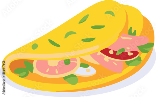 A colorful flat illustration shows a folded omelet wrap filled with sliced tomatoes, greens, and creamy sauce on a plate against