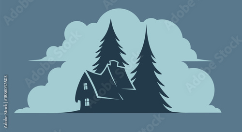 Cabin silhouette amidst trees and clouds