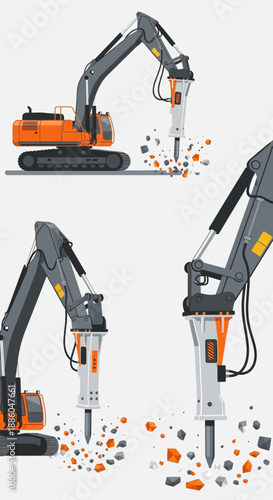 Heavy Duty Industrial Excavator With Hydraulic Breaker Demolition Machine Illustration