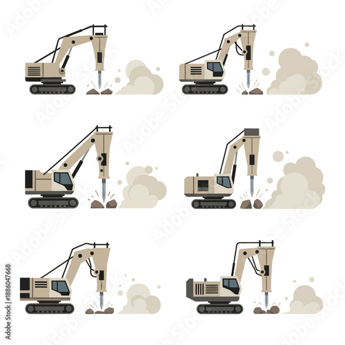 Heavy Duty Industrial Excavators Jackhammering Ground Creating Dust Clouds